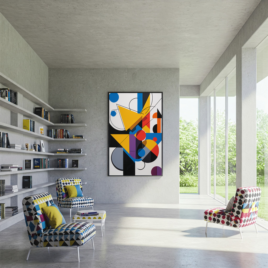 Digital abstract geometric art print by Reflectionare featuring modern Bauhaus-inspired wall decor with colorful shapes and clean lines.