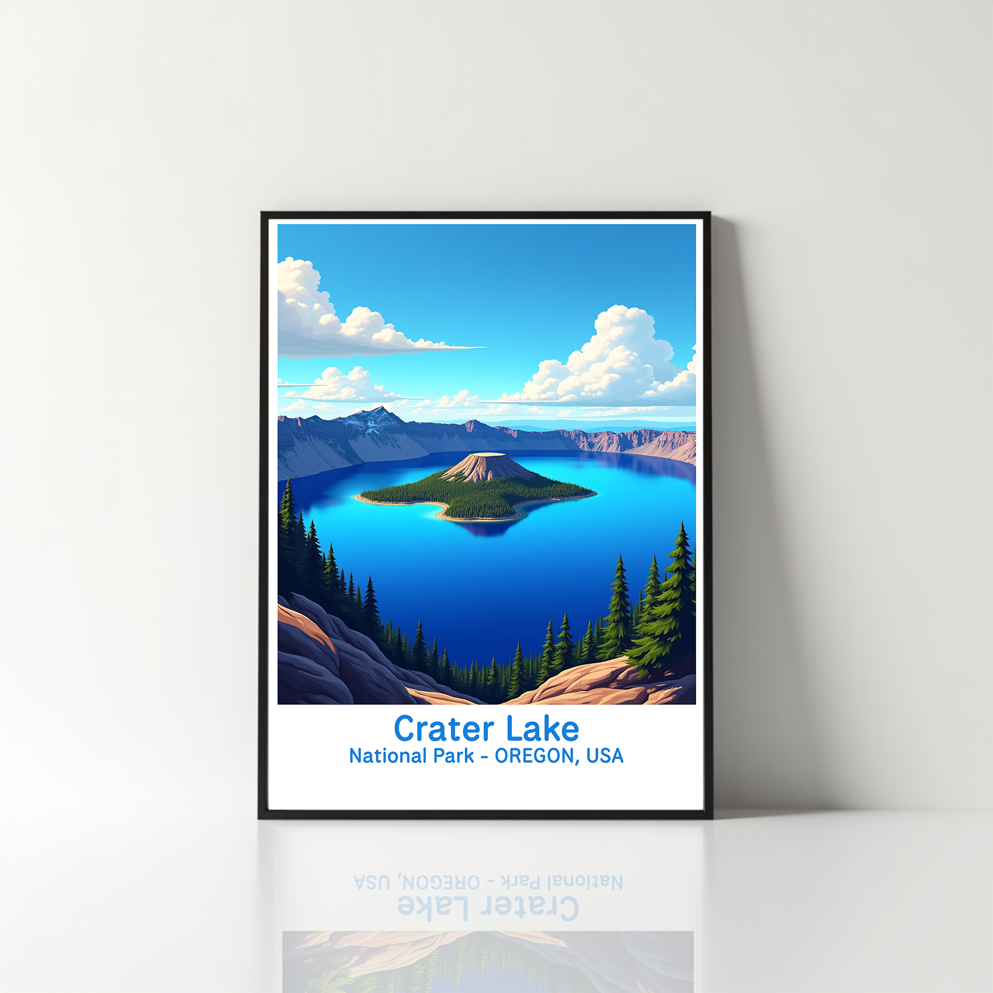 Digital art of Crater Lake National Park by Reflectionare, showcasing a scenic landscape with blue lake and surrounding mountains.