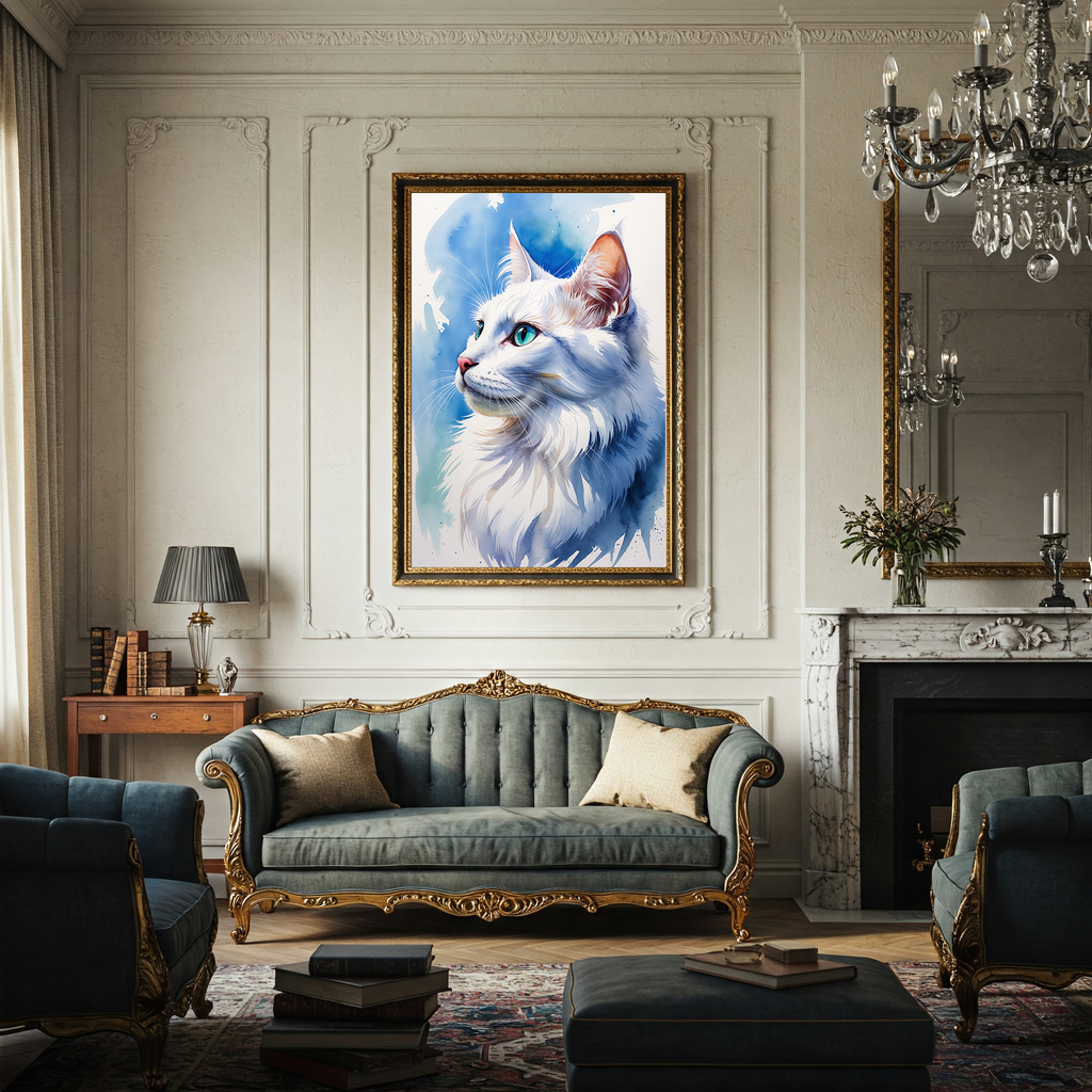 Watercolor white Angora cat portrait above a sofa in a classic living room
