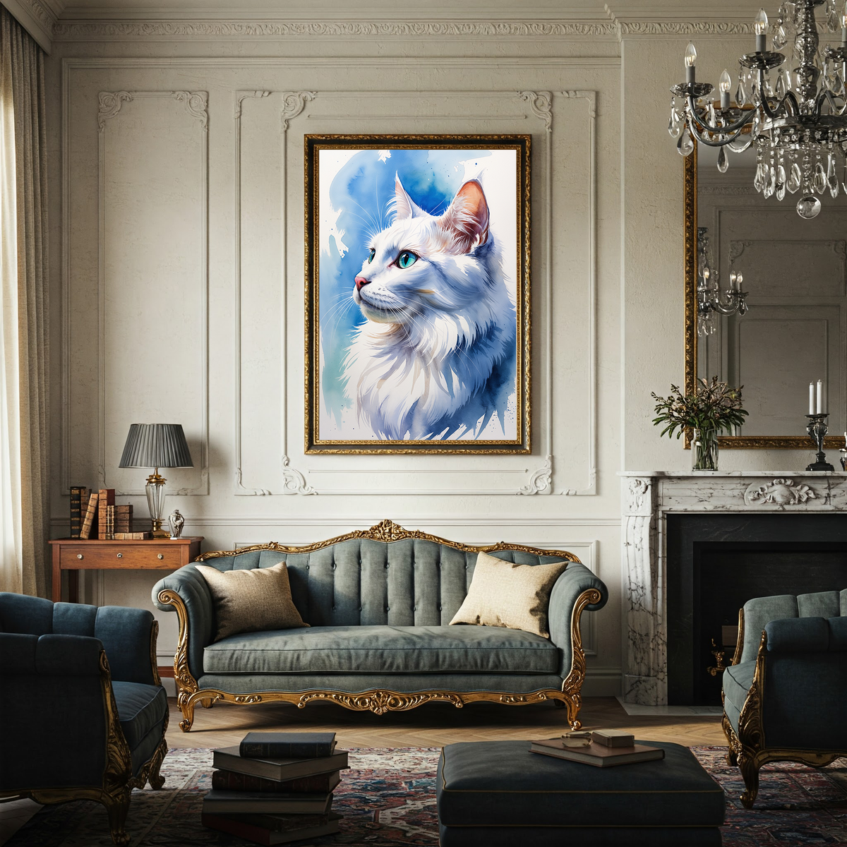 Watercolor white Angora cat portrait above a sofa in a classic living room