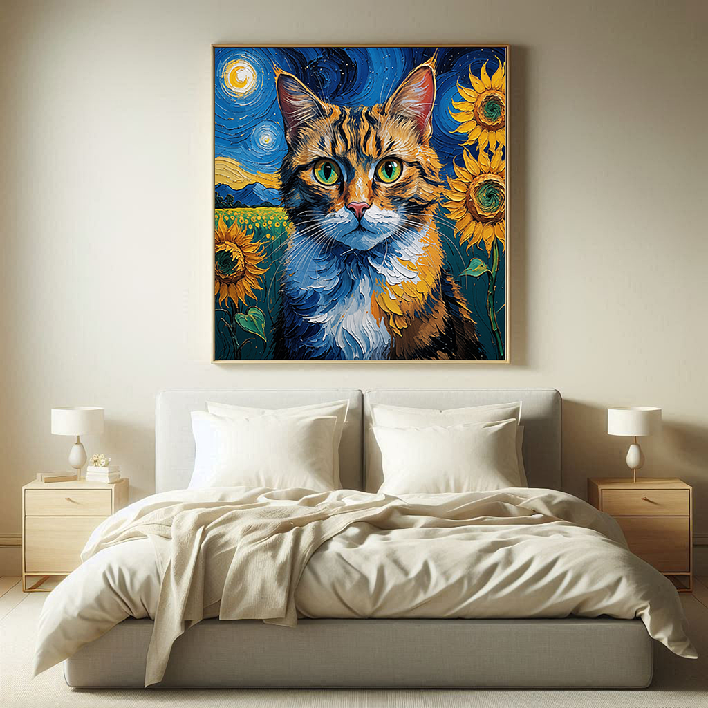 Van Gogh Style Starry Night Cat Sunflower Wall Art — detailed artwork preview