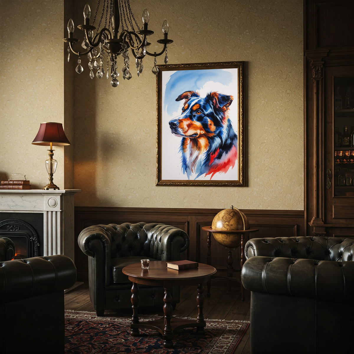 Watercolor Border Collie pet portrait displayed in a Reflectionare interior mockup
