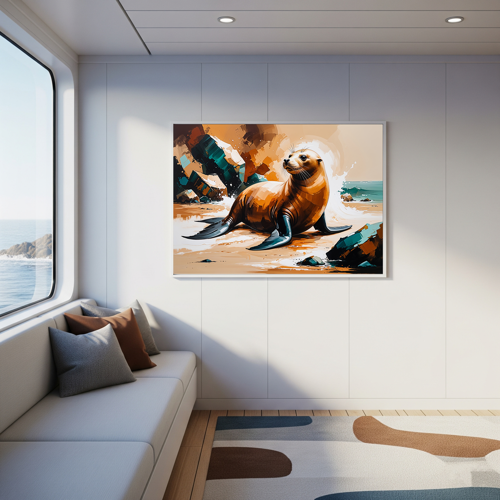 Vibrant Sea Lion Beach Painting Wall Art | Digital Download