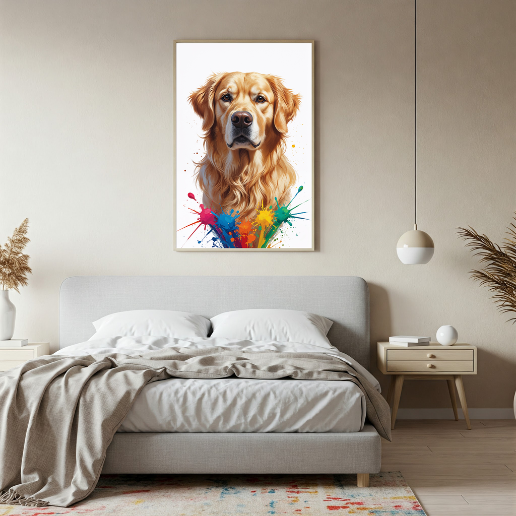 Colorful digital art of a golden retriever with vibrant, abstract colors by Reflectionare, detailed and visually striking.