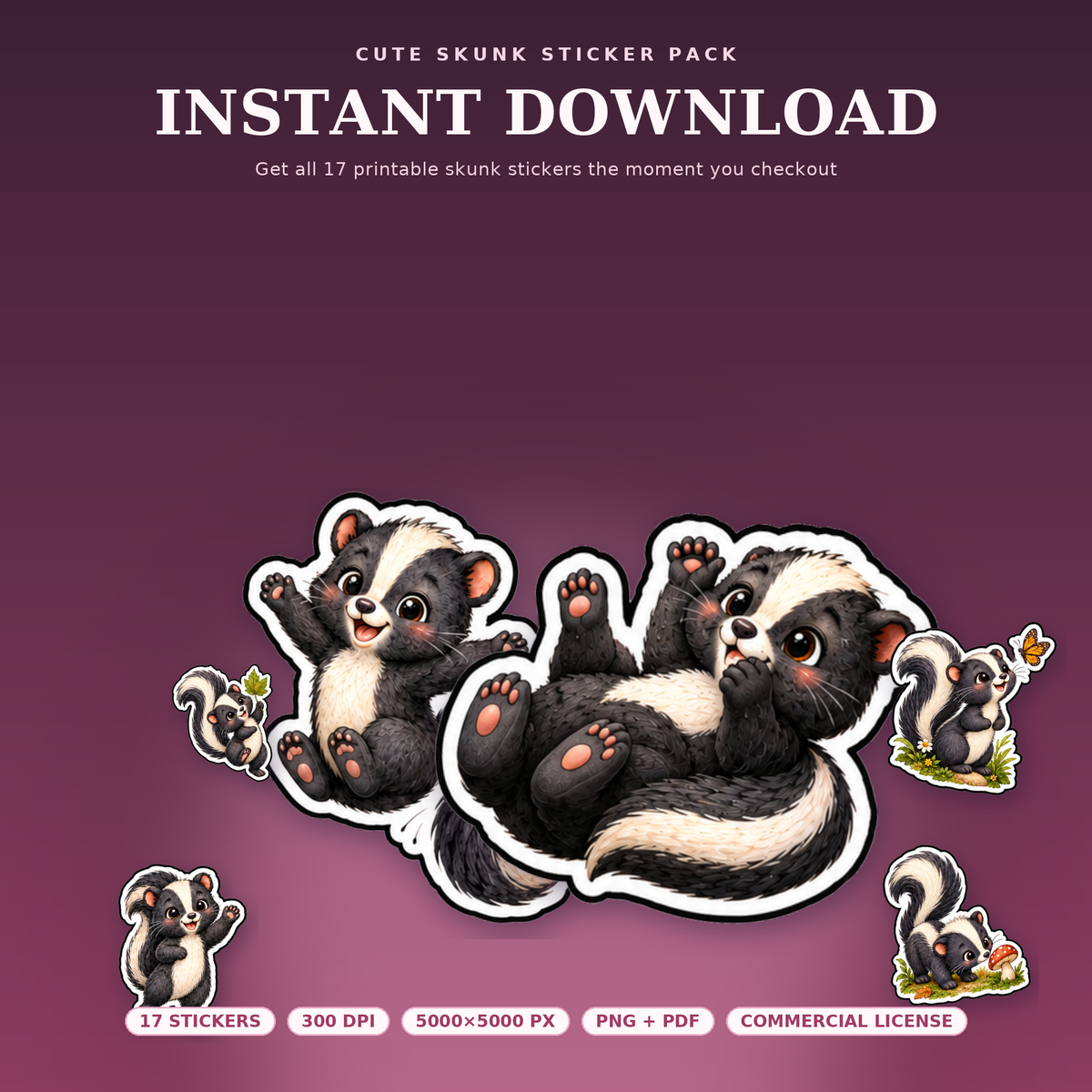 Cute Skunk Stickers PNG Clipart Pack | Digital Download