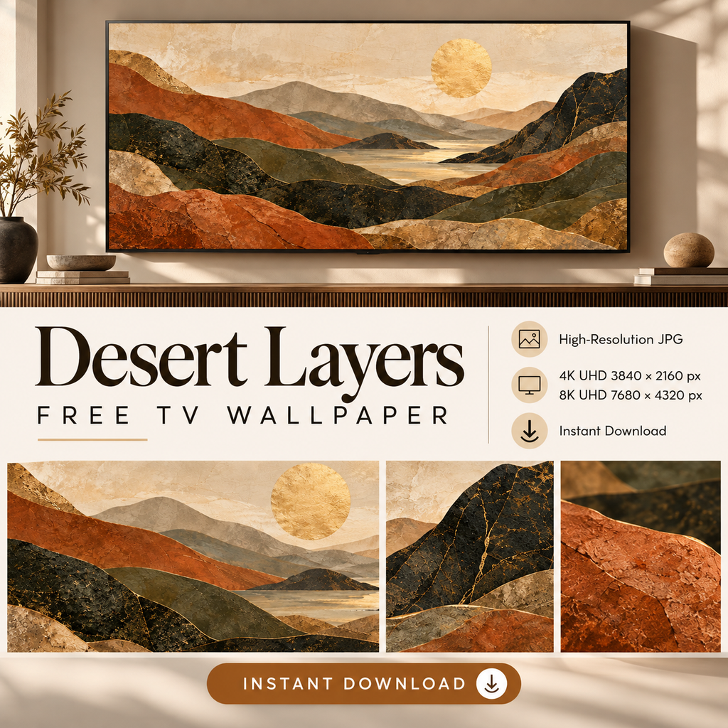 Desert Layers TV wallpaper collage with terracotta landscape details and instant download information