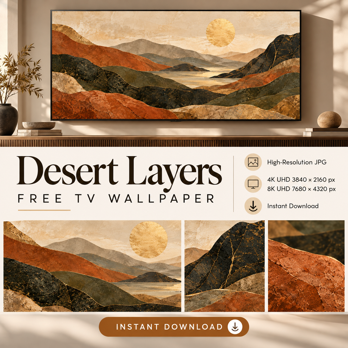 Desert Layers TV wallpaper collage with terracotta landscape details and instant download information