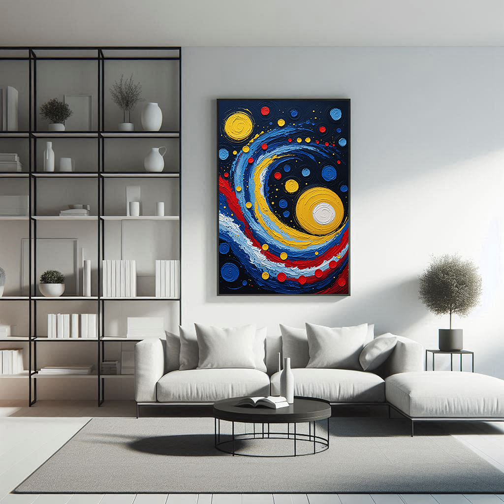 Abstract cosmic swirl impasto oil painting print by Reflectionare, featuring textured celestial seascape in vibrant colors.