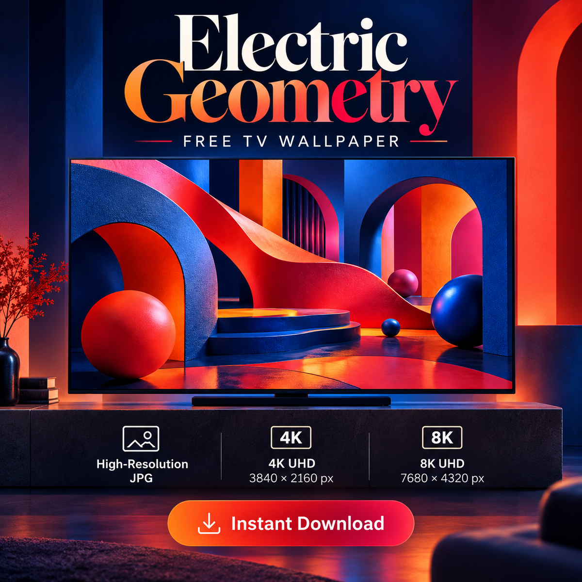 Electric Geometry TV wallpaper promotional preview with colorful 3D forms and instant download information