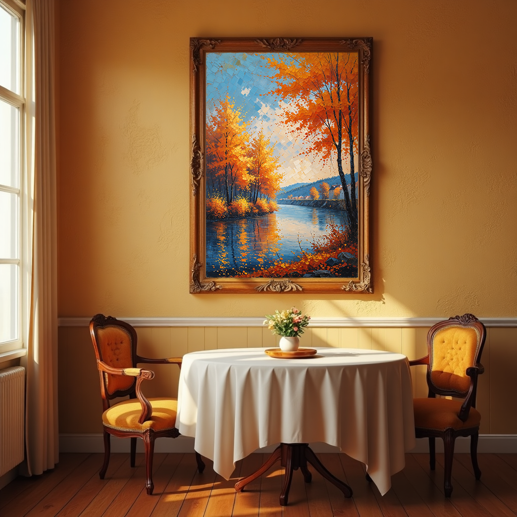 Vintage Autumn River Wall Art Print by Reflectionare, featuring retro landscape digital art of a serene river scene with fall foliage.