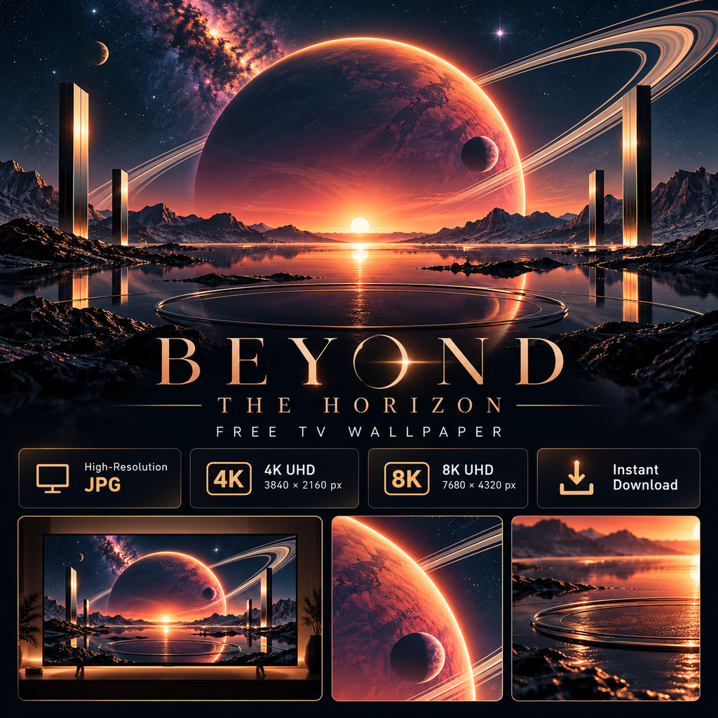 Beyond the Horizon TV wallpaper collage with ringed planet artwork and instant download information