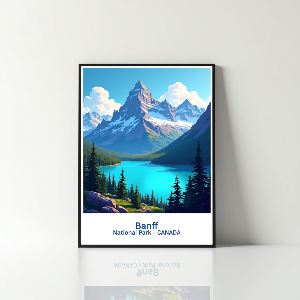 Digital art of Banff National Park by Reflectionare, showcasing scenic mountain landscape with trees and vibrant sky.
