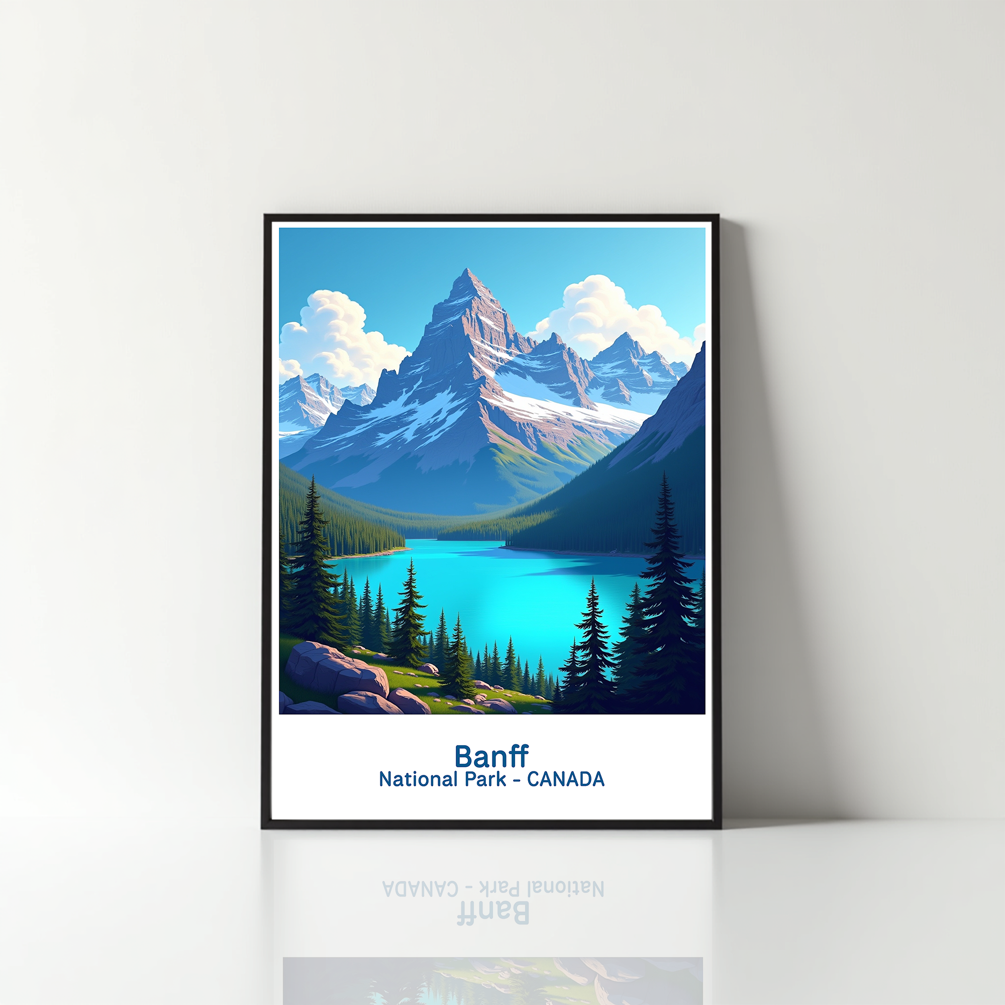 Digital art of Banff National Park by Reflectionare, showcasing scenic mountain landscape with trees and vibrant sky.