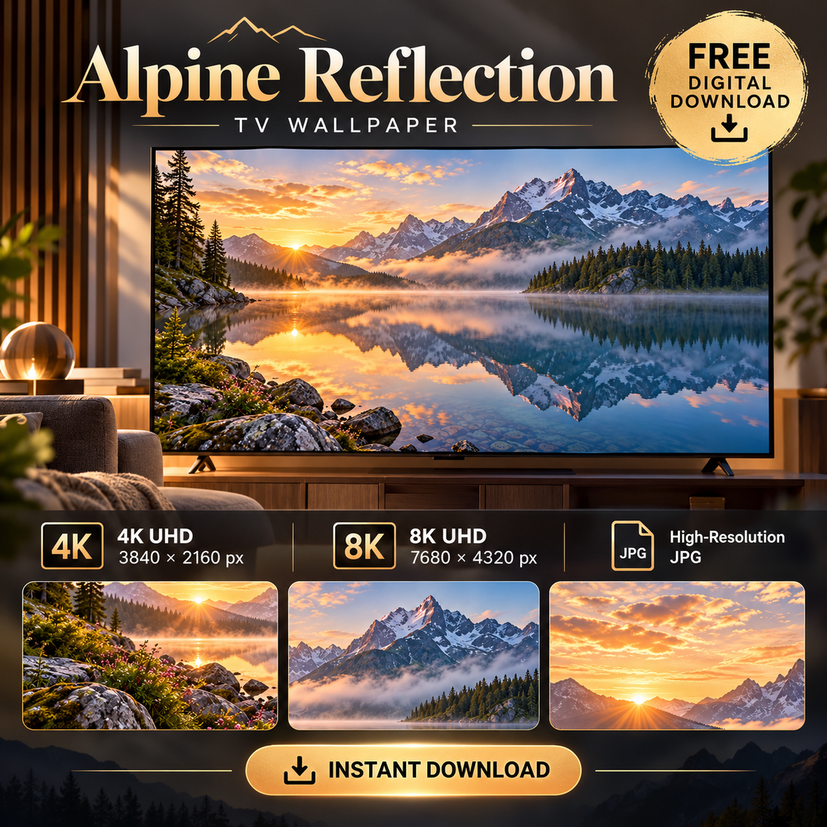 Alpine Reflection TV wallpaper collage with mountain lake details and instant download information