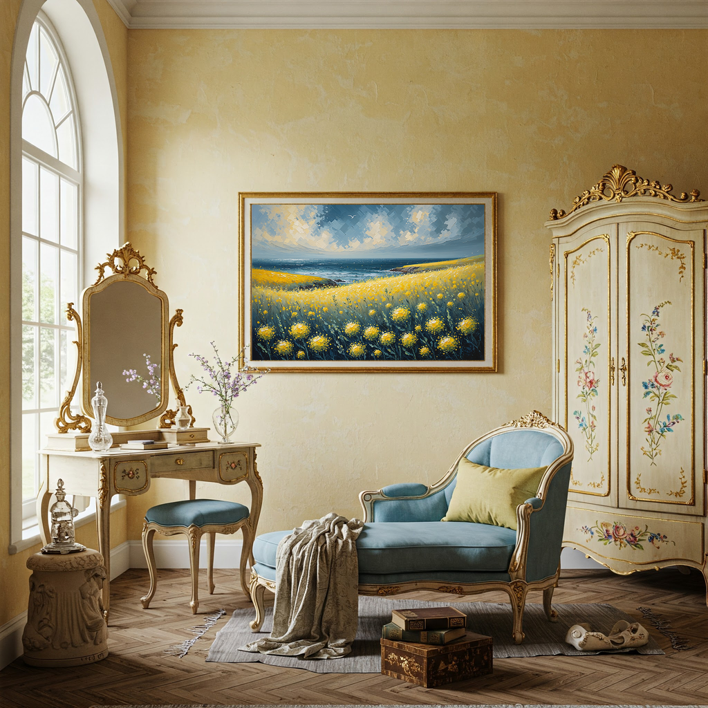 Yellow Wildflowers Ocean Coast Oil Painting | Digital Download