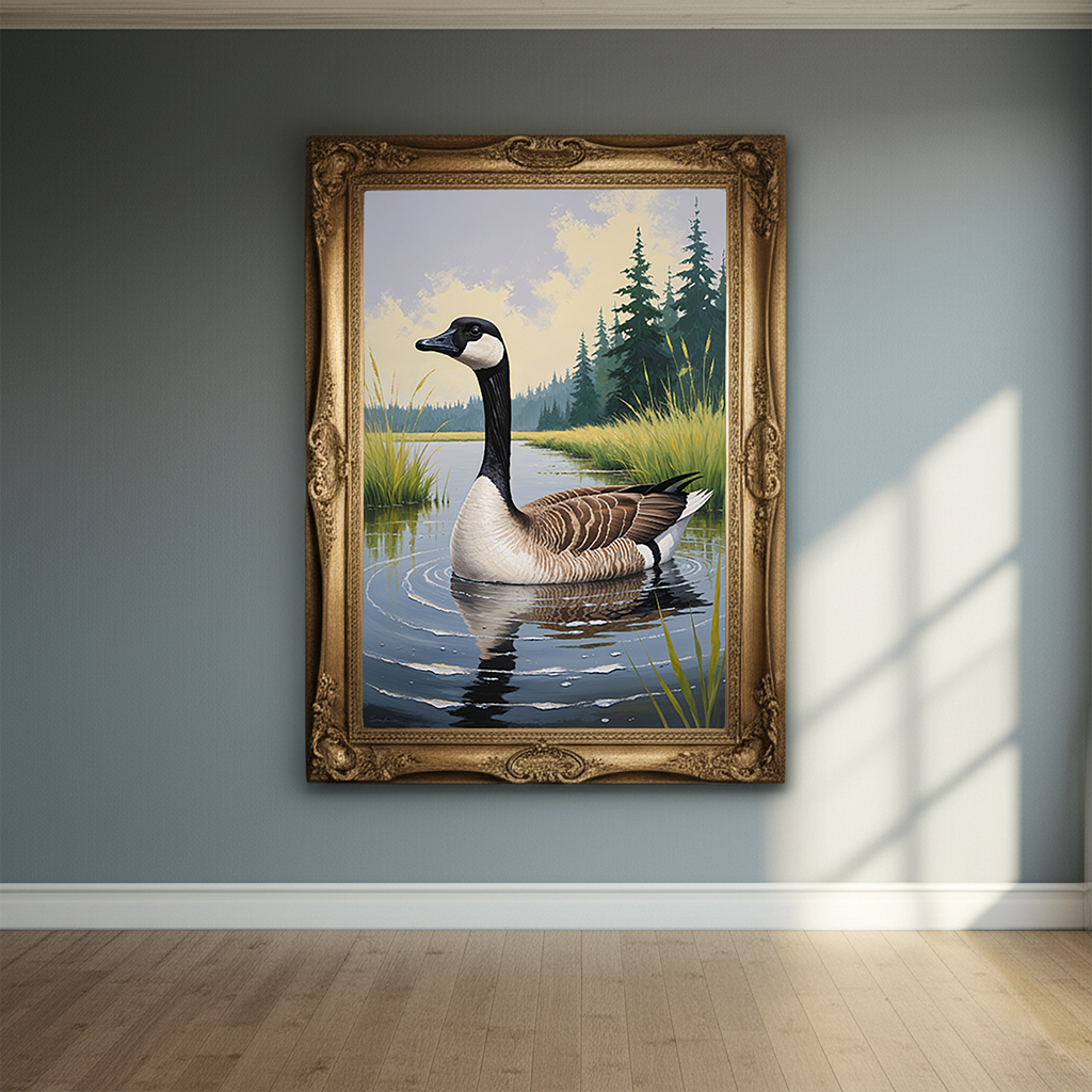 Vintage Canada Goose art print by Reflectionare featuring retro nature digital wall decor with a Canada Goose illustration.