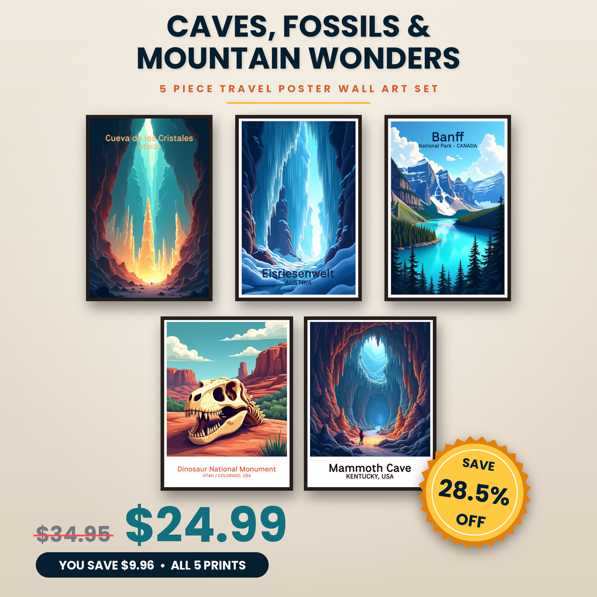 Caves, Fossils & Mountain Wonders - 5 Premium Wall Art Prints Bundle