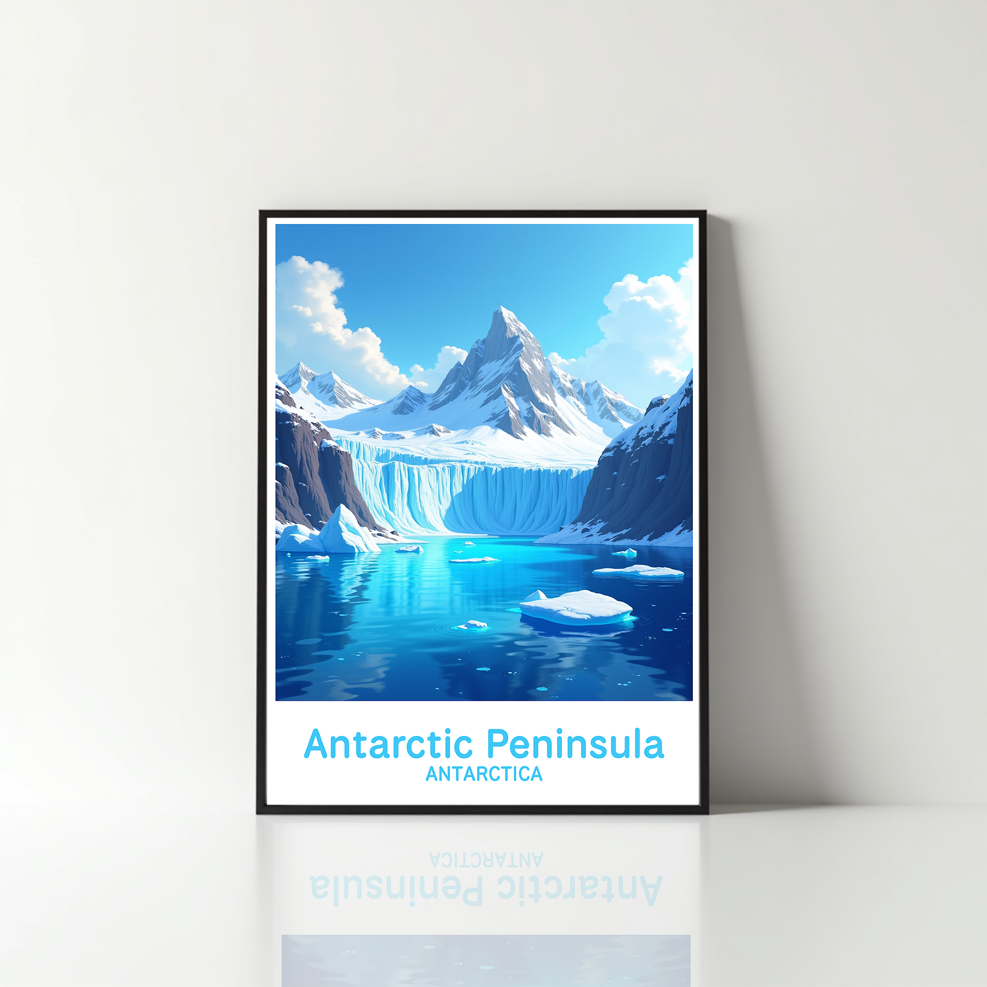 Reflectionare digital art of the Antarctic Peninsula showcasing icy landscapes and rugged mountains in a detailed, artistic style.