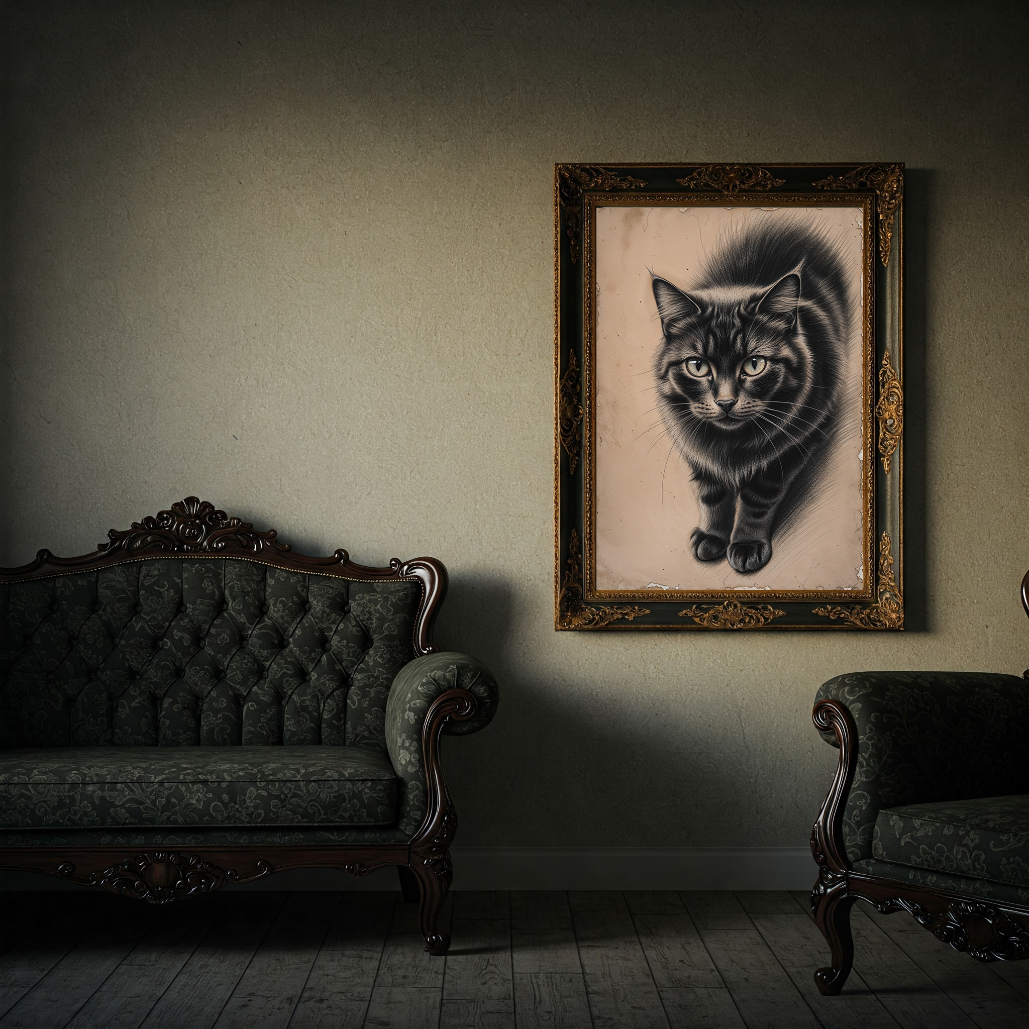 Vintage cat portrait art print by Reflectionare, featuring a retro animal wall decor digital art design.
