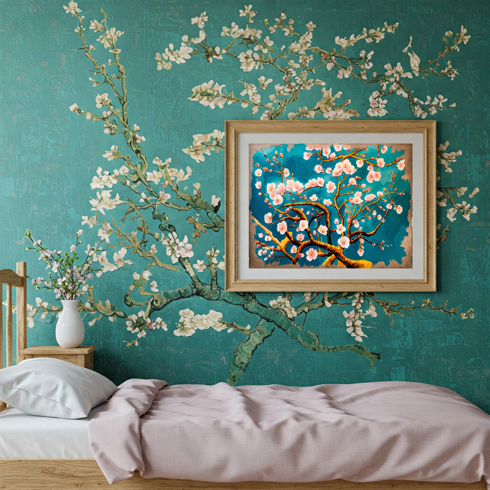 Cherry Blossom Painting Teal Wall Art | Digital Download