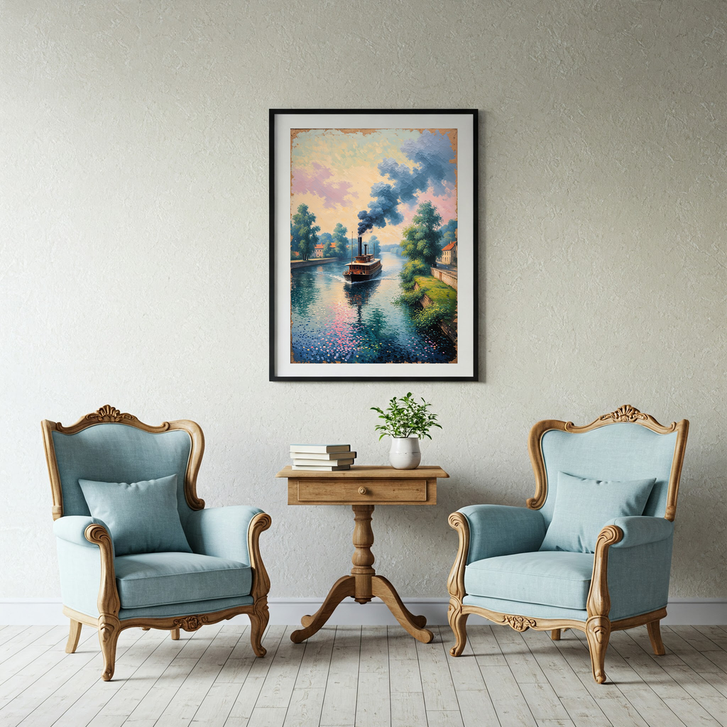 Vintage Steamboat River Painting Wall Art | Digital Download