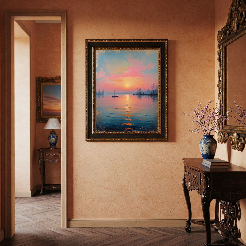 Serene Sunset Boat Painting Lake Seascape | Digital Download