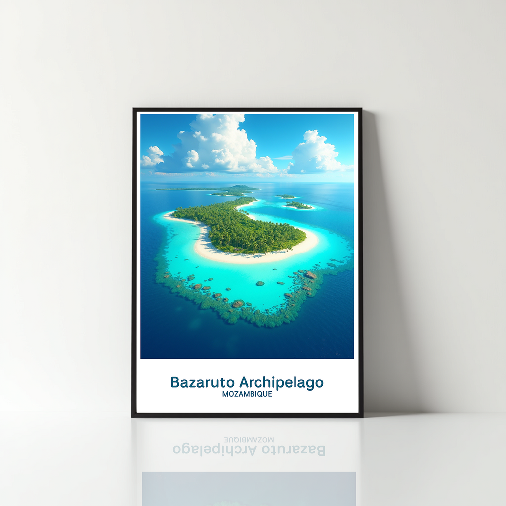 Digital art of the Bazaruto Archipelago by Reflectionare, showcasing vibrant ocean views and tropical island scenery.
