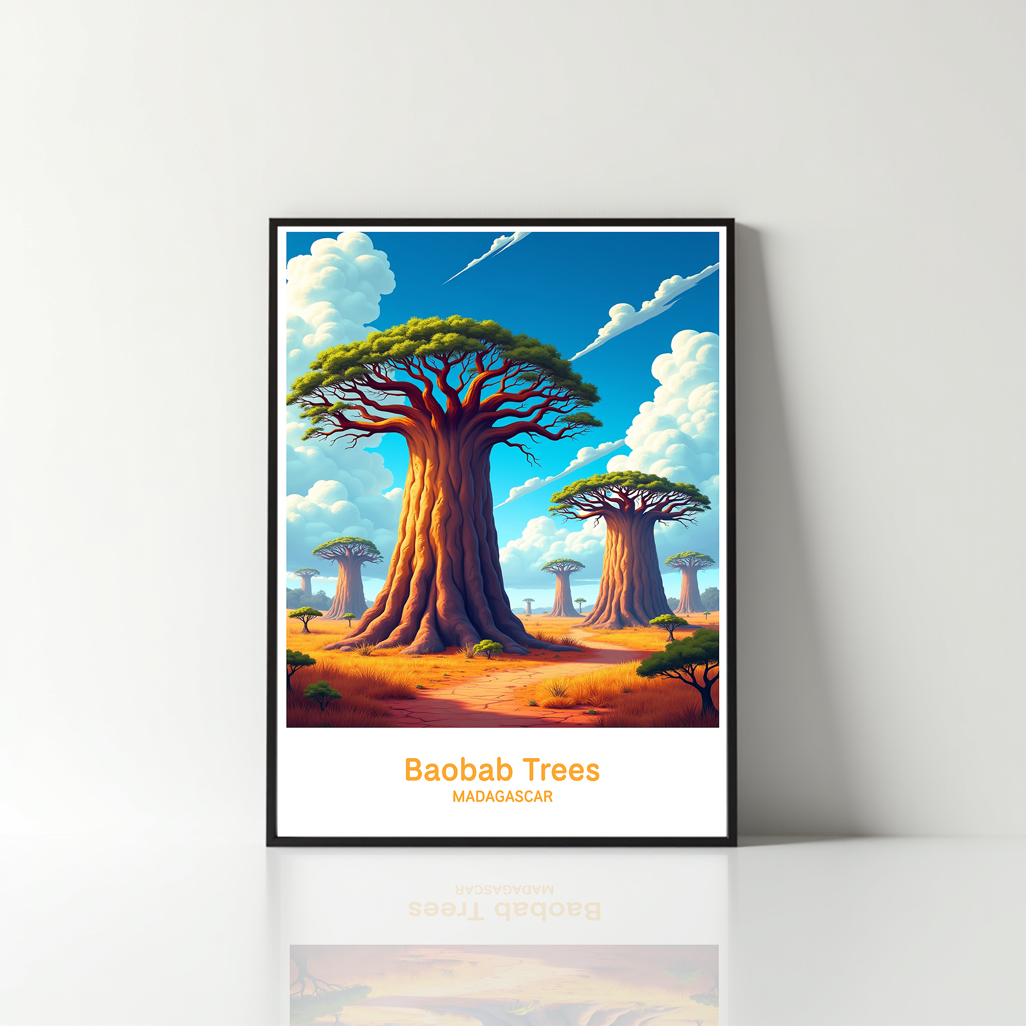 Digital art of Baobab trees by Reflectionare, showcasing vibrant colors and detailed African landscape imagery.