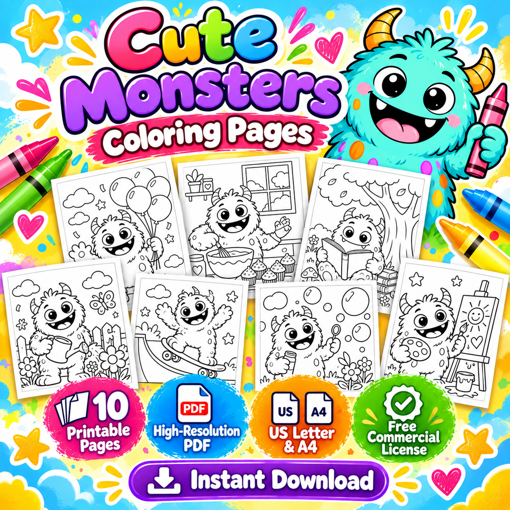 Cute Monsters printable coloring pages with commercial license included