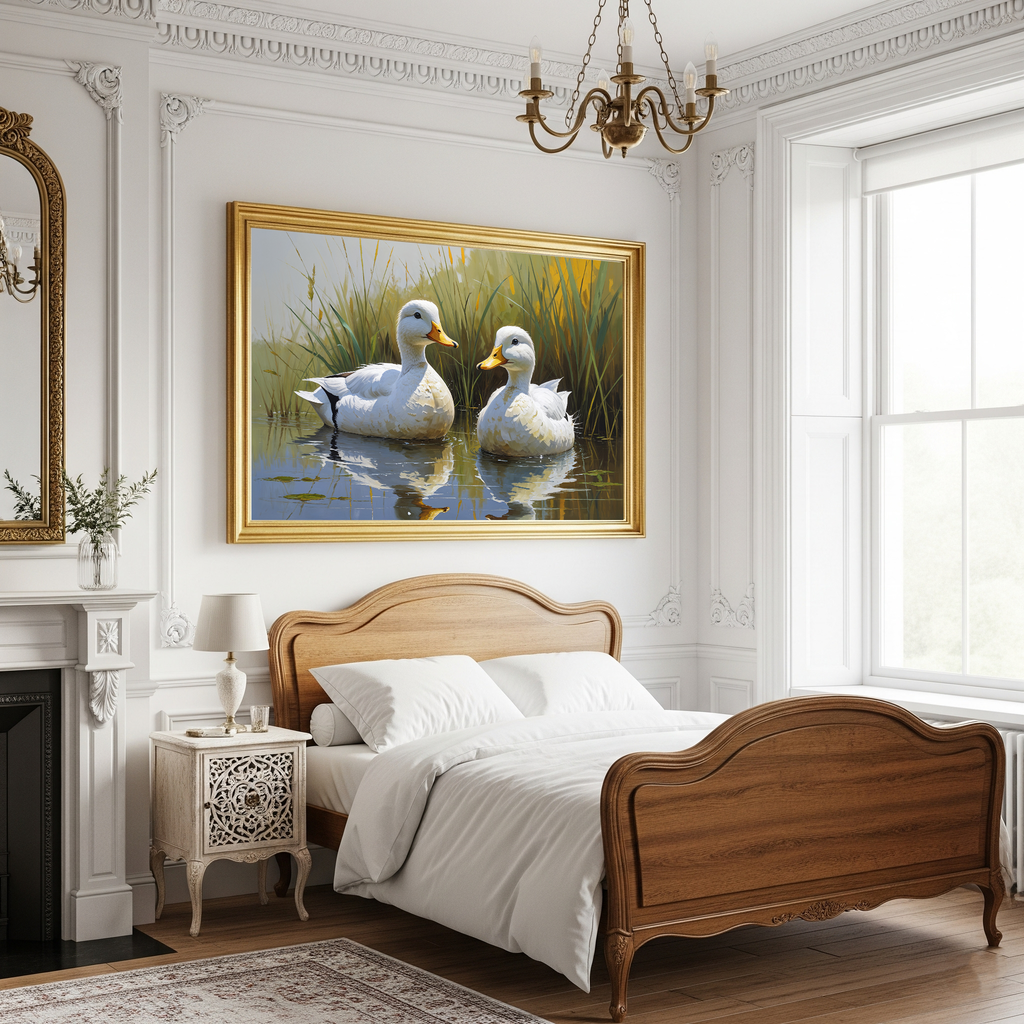 Vintage White Ducks Pond Painting Wall Art | Digital Download