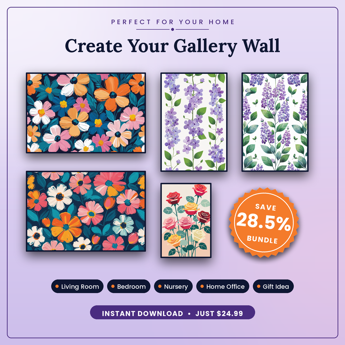 Midnight & Lilac Florals - 5 Premium Botanical Wall Art Prints Bundle