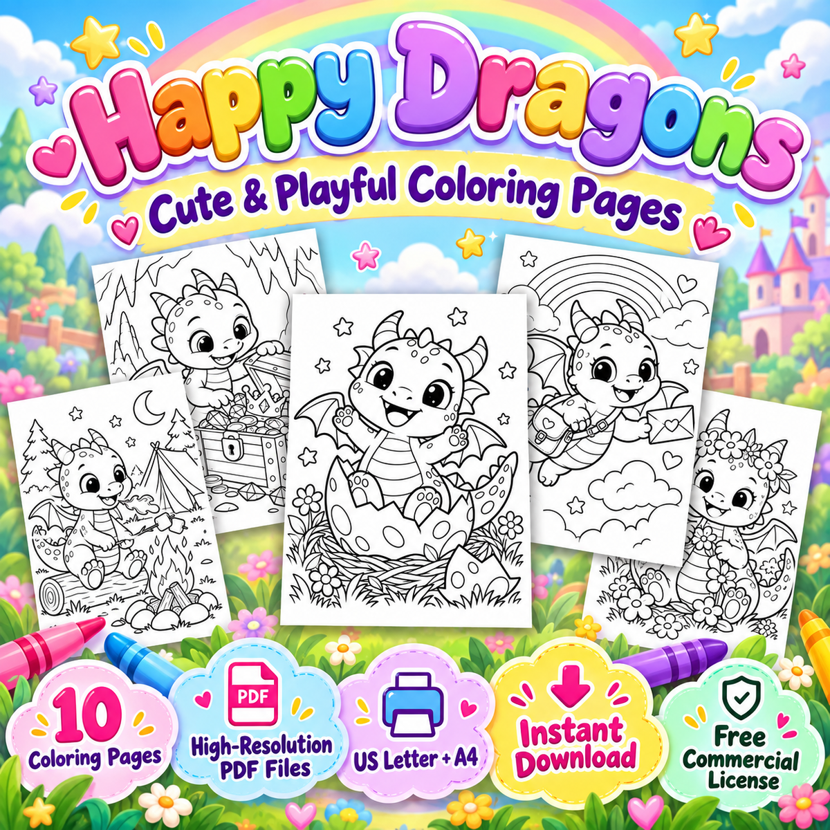 Happy Dragons printable coloring pages with commercial license included