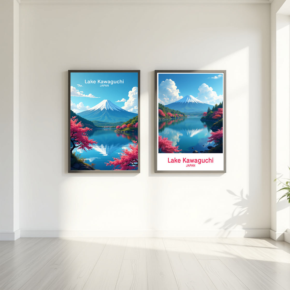Lake Kawaguchi Japan travel posters displayed on a bright wall by Reflectionare