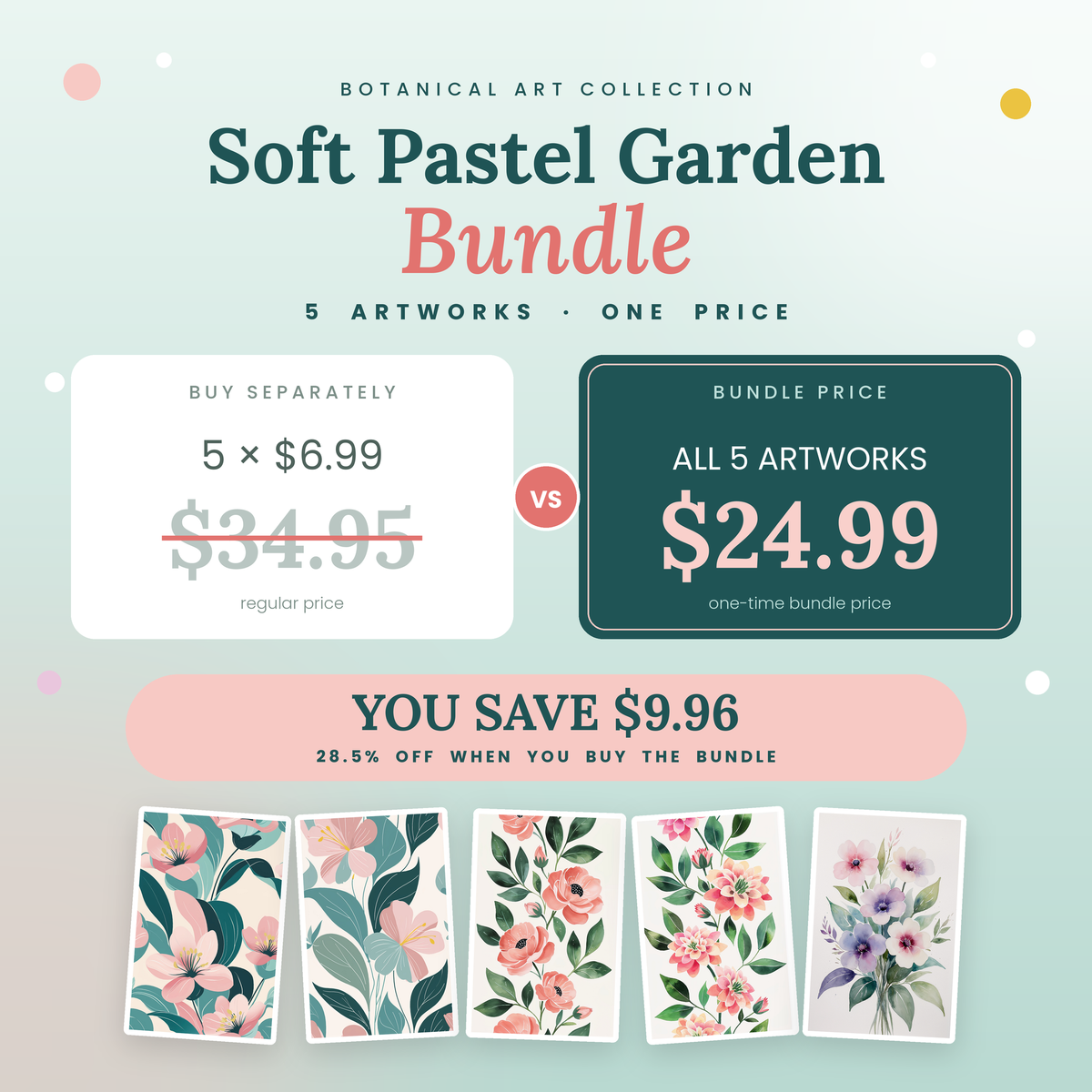 Soft Pastel Garden - 5 Premium Botanical Wall Art Prints Bundle