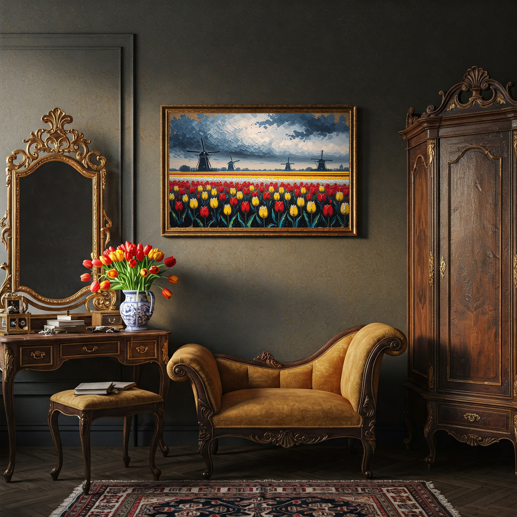 Dutch Tulip Field Windmill Oil Painting | Digital Download
