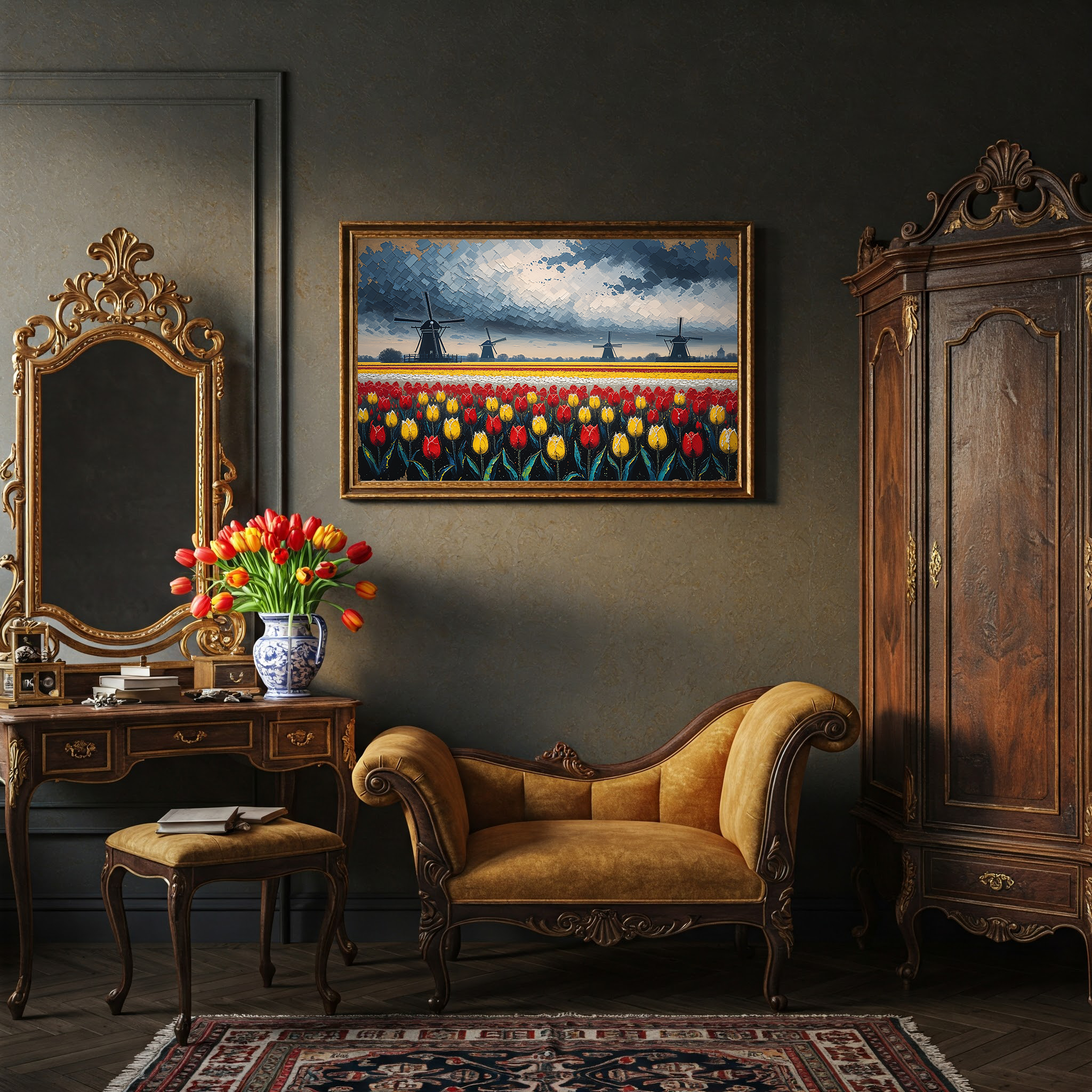 Dutch Tulip Field Windmill Oil Painting | Digital Download
