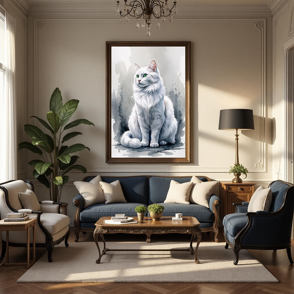 Watercolor white cat portrait above a sofa in a living room