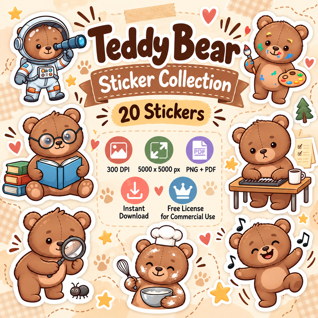 Cute Teddy Bear Stickers PNG Clipart Pack | Digital Download