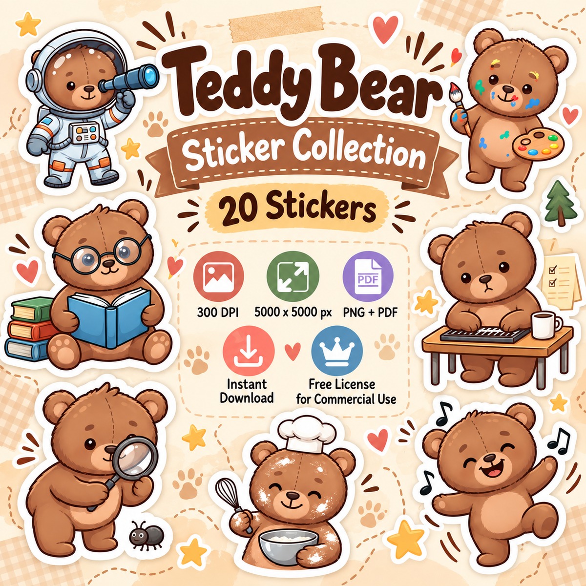 Cute Teddy Bear Stickers PNG Clipart Pack | Digital Download