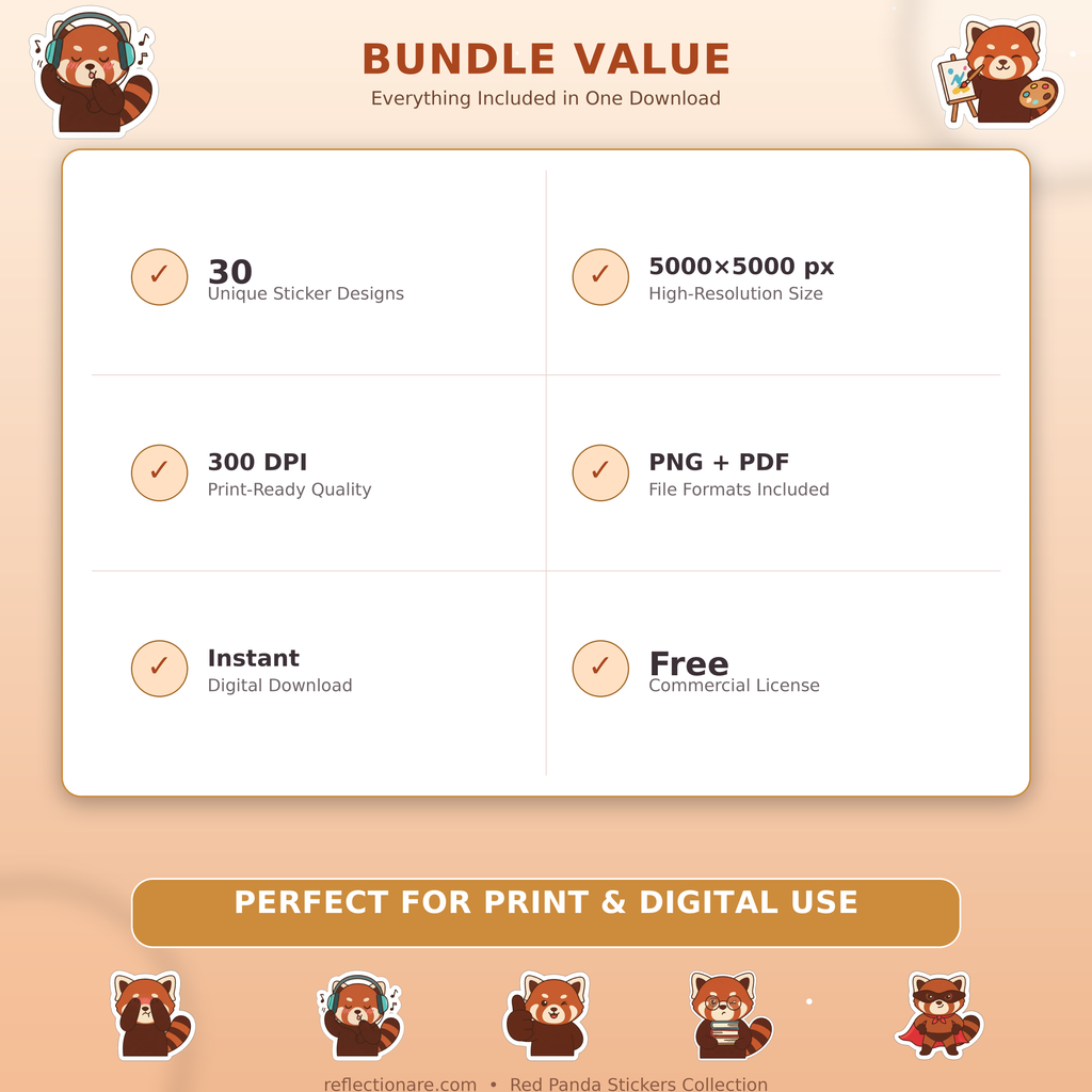 Cute Red Panda Stickers PNG Clipart Pack | Digital Download