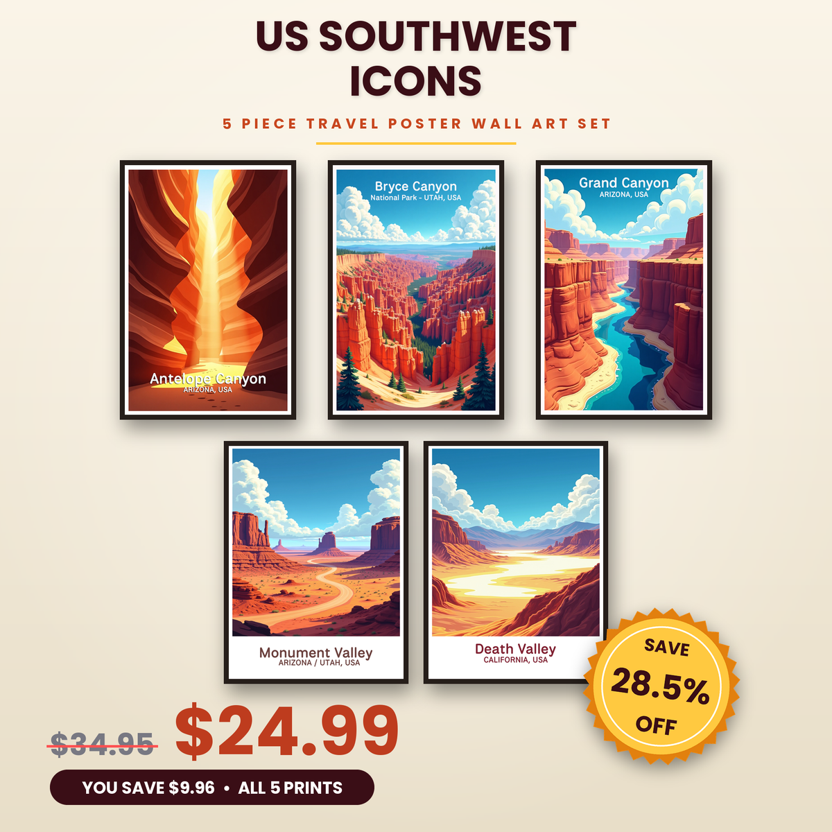 US Southwest Icons - 5 Premium Wall Art Prints Bundle