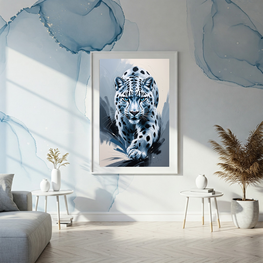 Abstract snow leopard digital art print by Reflectionare, modern wildlife wall decor featuring a stylized snow leopard design.