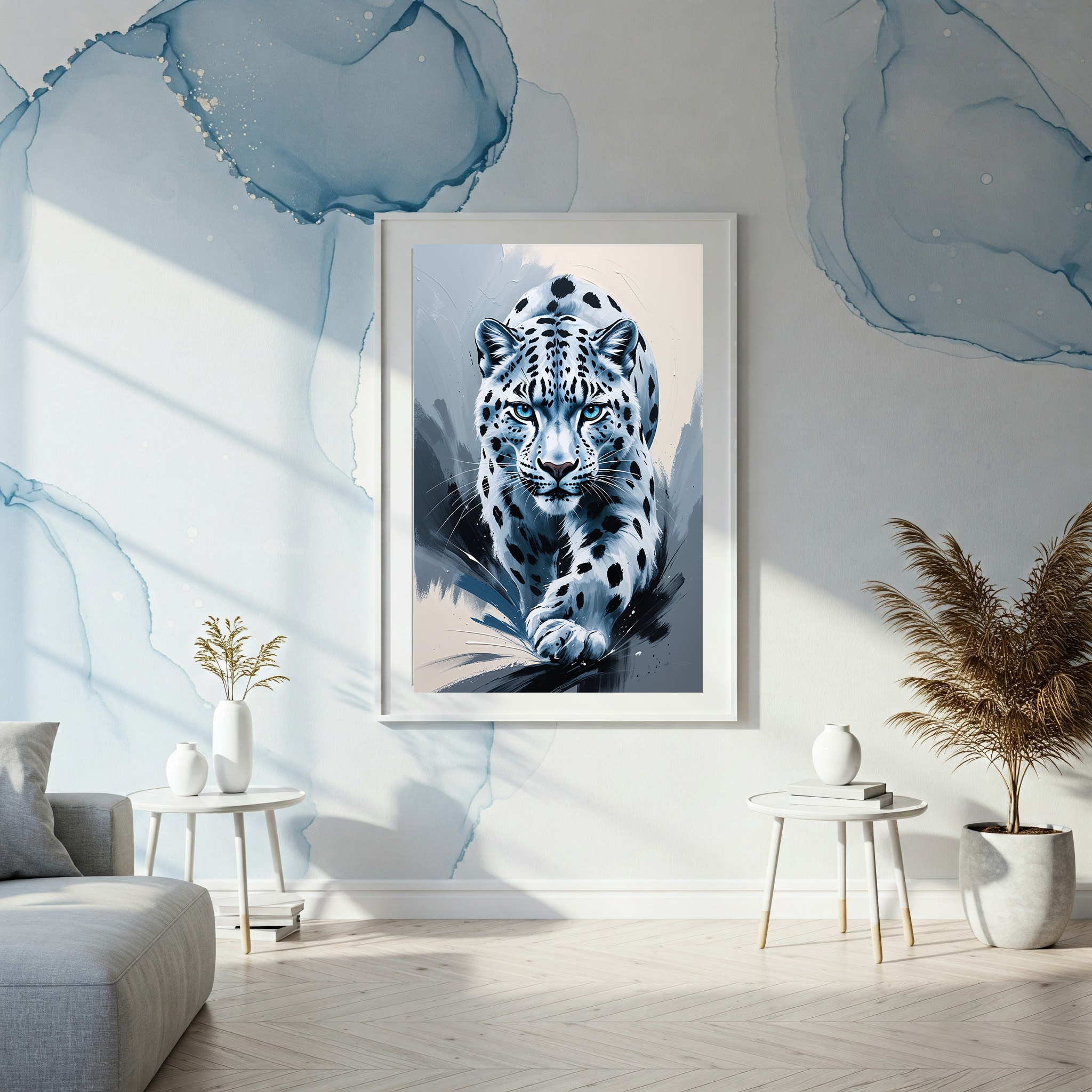 Abstract snow leopard digital art print by Reflectionare, modern wildlife wall decor featuring a stylized snow leopard design.