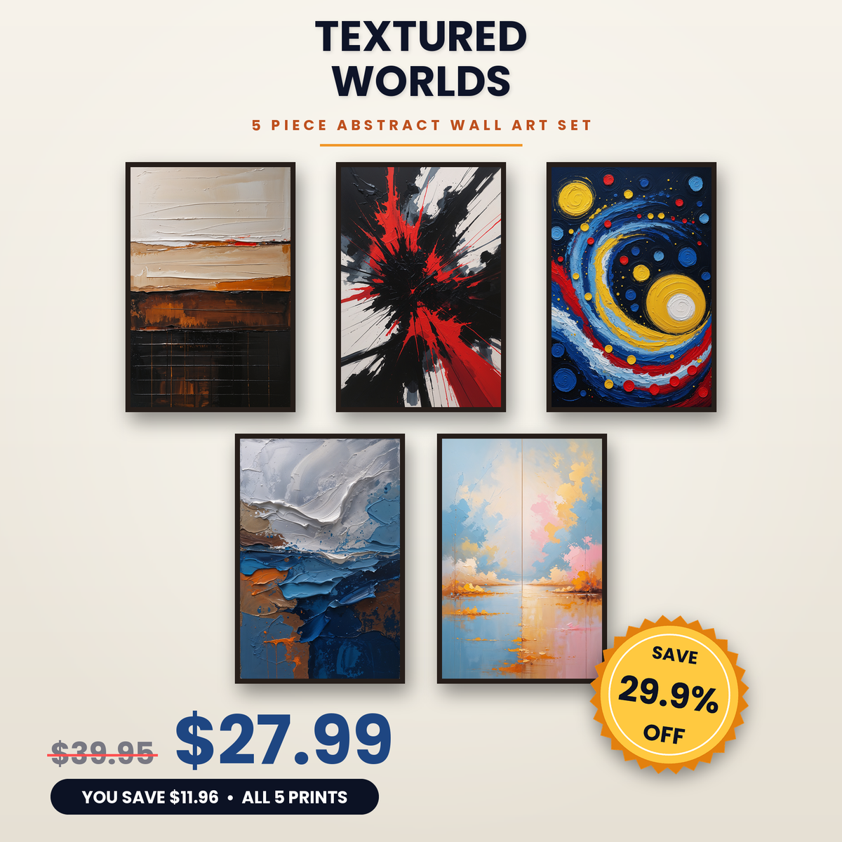 Textured Worlds - 5 Premium Abstract Wall Art Prints Bundle