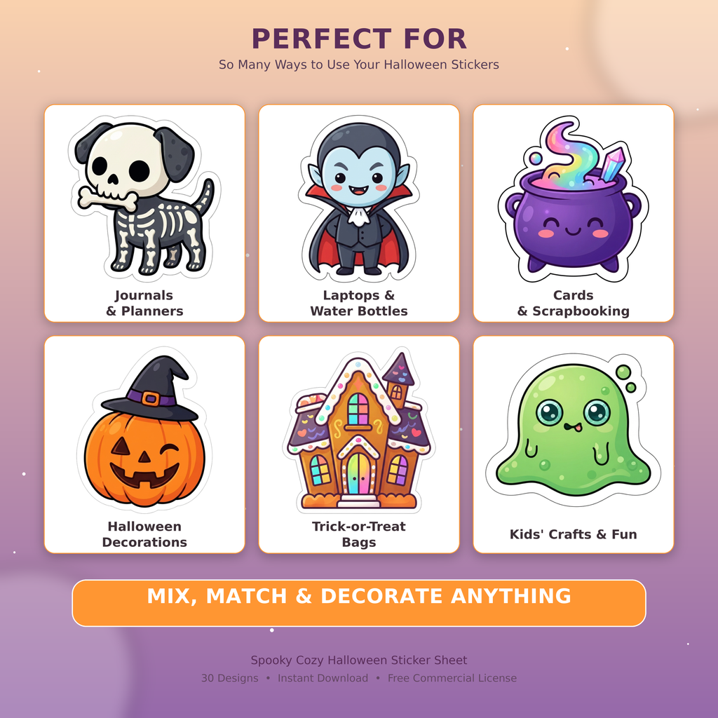 Spooky Cozy Halloween Sticker Sheet - 30 PNG Clipart Pack