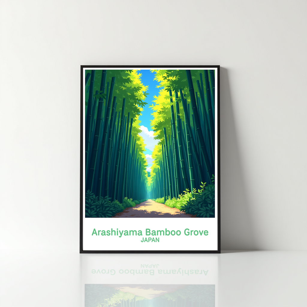 Digital art of Arashiyama Bamboo Grove by Reflectionare, featuring lush green bamboo stalks and serene forest scenery.
