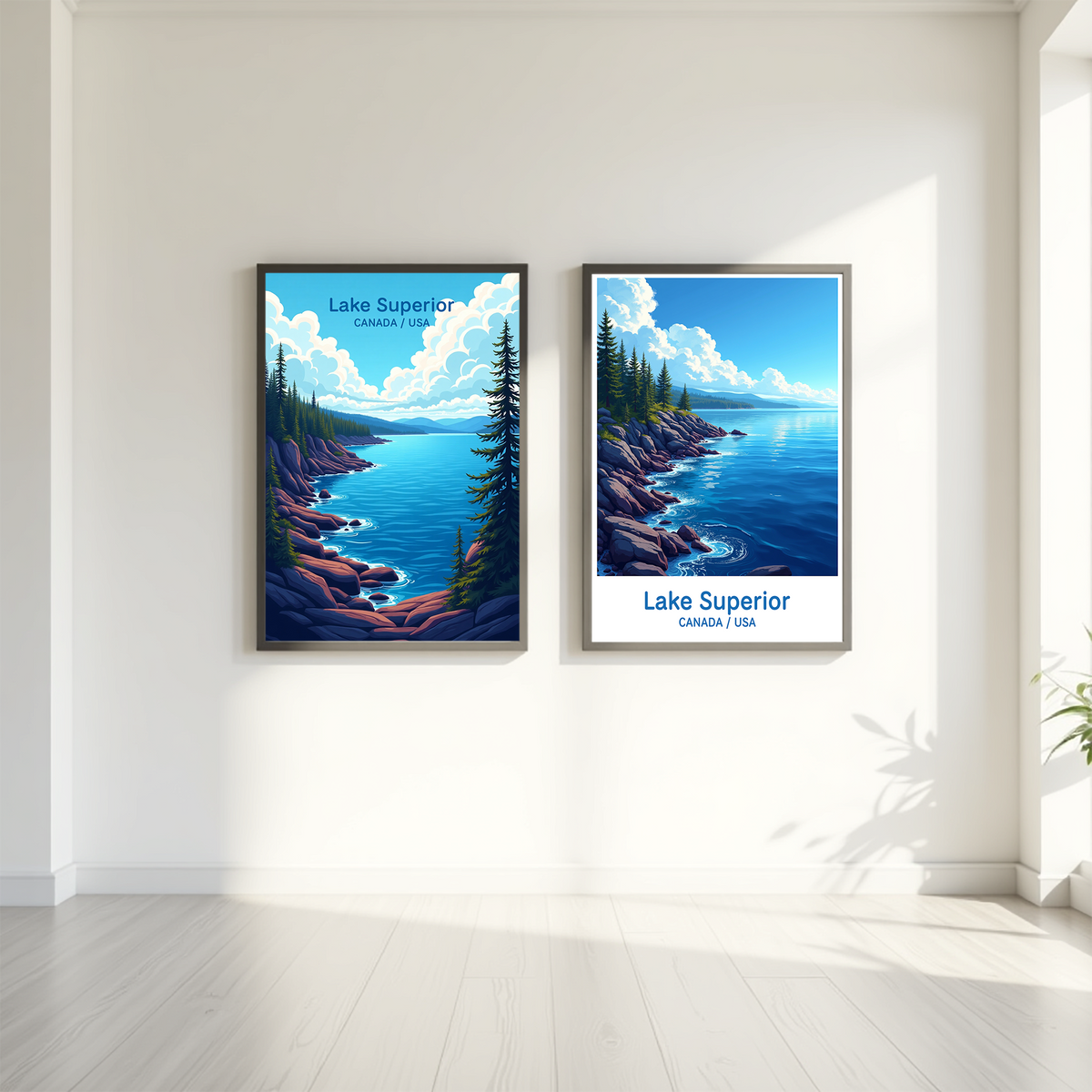 Lake Superior travel posters displayed in a bright modern Reflectionare wall art mockup