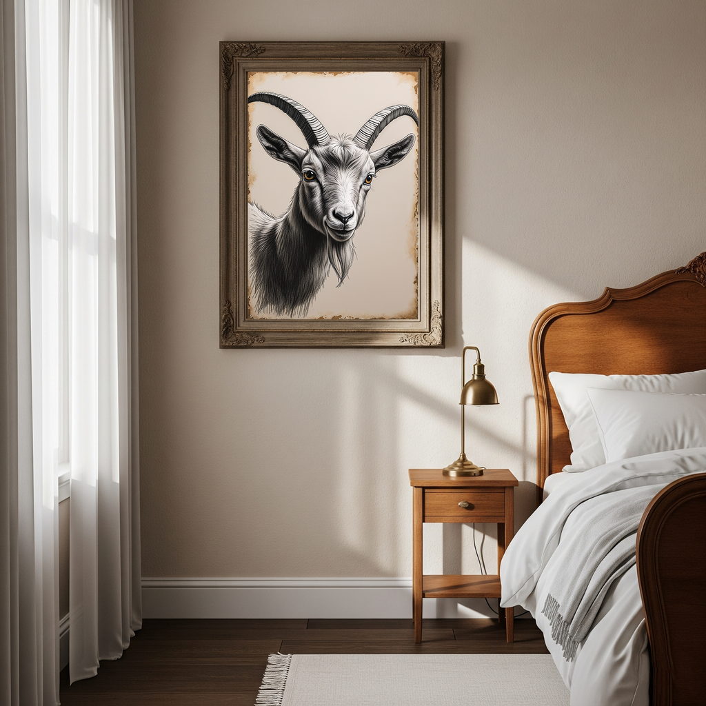 Vintage goat portrait digital art by Reflectionare, detailed farm animal illustration in a classic style.