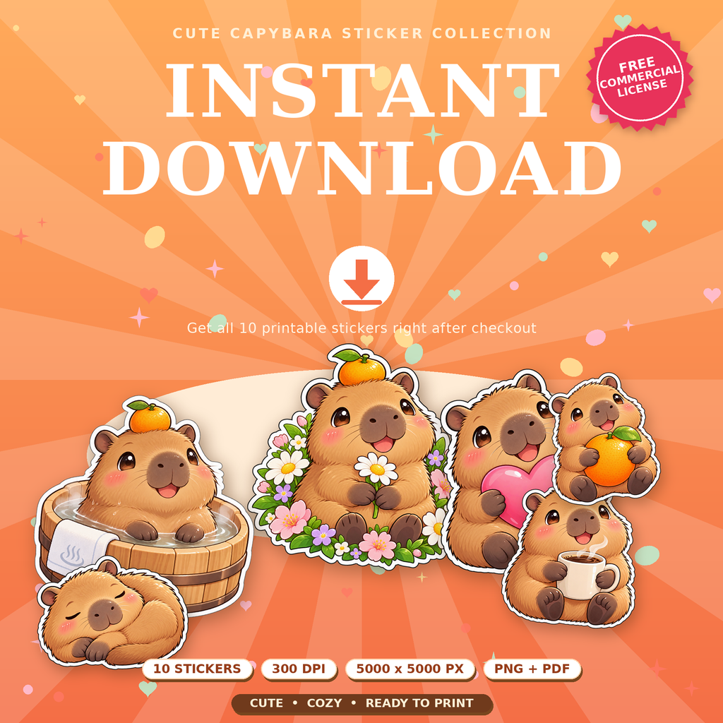 Cute Capybara Sticker Collection - 10 PNG Clipart Pack