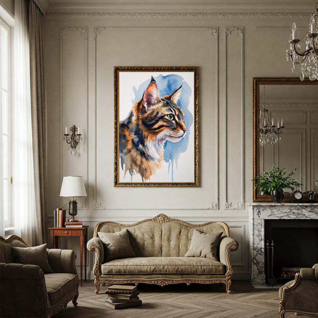 Watercolor Siberian cat portrait above a sofa in a classic living room